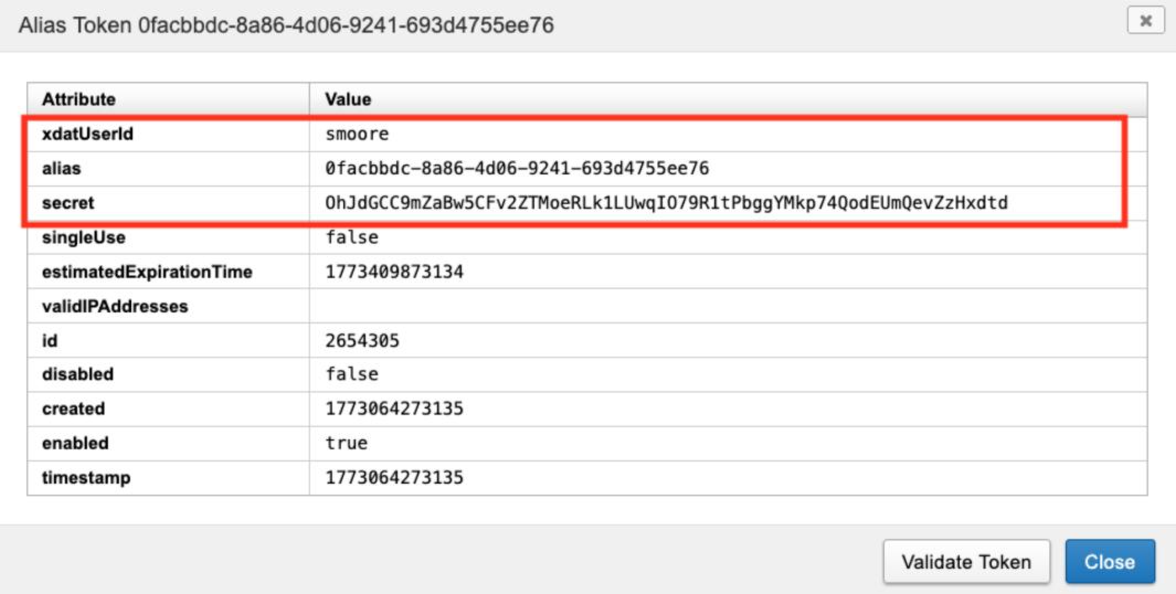 Copy the alias and secret values