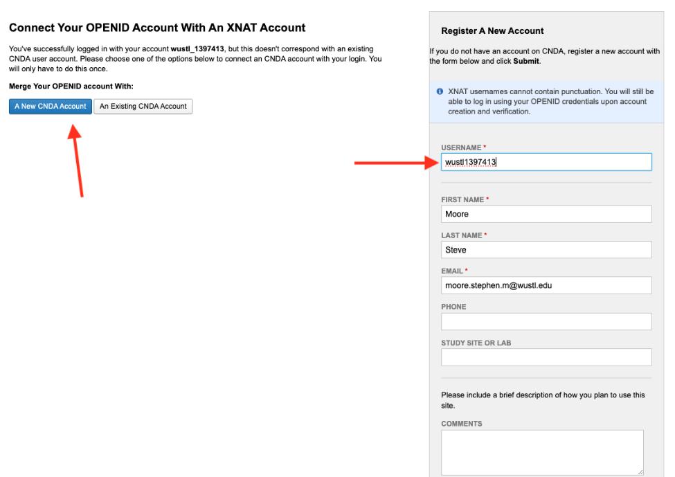The CNDA2 registration page. Select "A New CNDA Account" and replace the generated username with your existing CNDA1 username.
