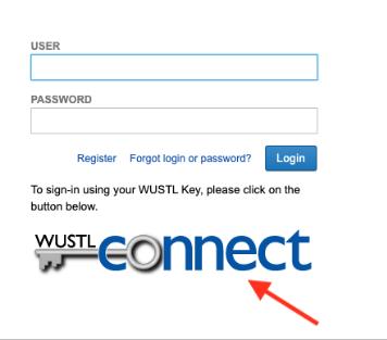The CNDA2 login page. Leave USER and PASSWORD blank and click the WUSTL Connect button.
